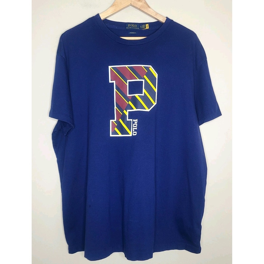 POLO RALPH LAUREN Shirt Men's Striped Big P‎ Logo Varsity Short Sleeve XL Preppy